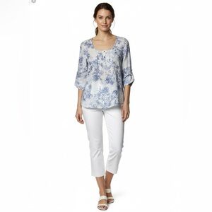 MARKS & SPENCER 100% Linen with Love White Blue 3/4 Roll Tab Sleeve Top Sz S